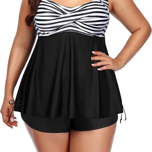 AQUA EVE FLOWY BLACK WHITE STRIPE TWIST FRONT BOY SHORTS TANKINI SET SIZE 18 NWT - Picture 7 of 8